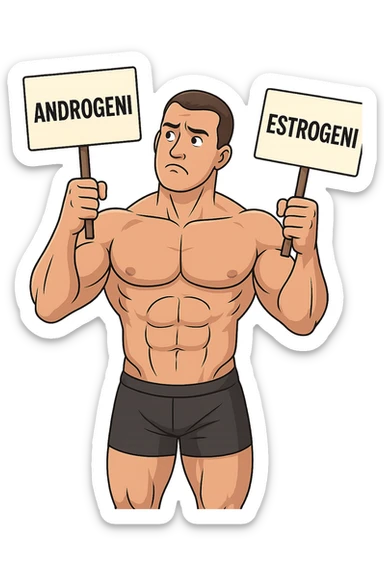 BODYBUILDER CHE TIENE LA SCRITTA "ANDROGENI" NELLA MANO DESTRA E LA SCRITTA "ESTROGENI" NELLA MANO SINISTRA, ESPRESSIONE DUBBIOSA IN VOLTO sticker
