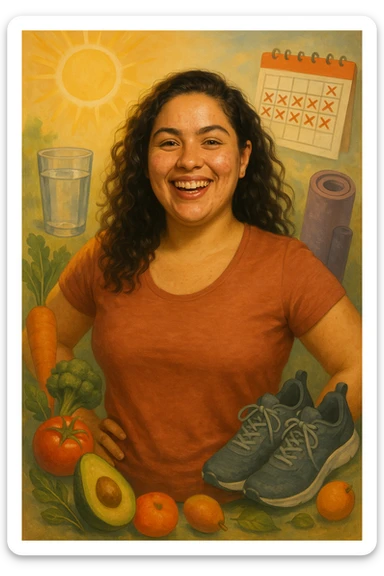 Realistic portrait of a woman with PCOS, healthy and happy appearance, glowing skin, thick hair, energetic posture. Around her, visual references to a healthy lifestyle: healthy food, water, physical activity, sun, calendar with days marked as symptom-free. Realistic details, warm lighting, vertical 2:3, no text. sticker