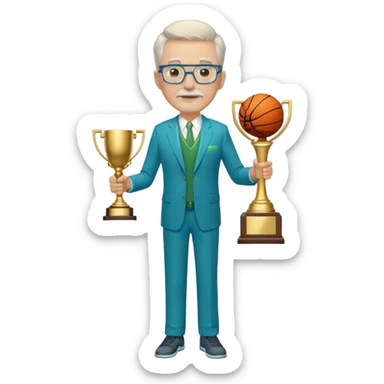 Full Body white aged male medium size wearing glasses with a goatee with light blonde and gray very short hair basketball head Coach in blue and green suit holding trophy sticker