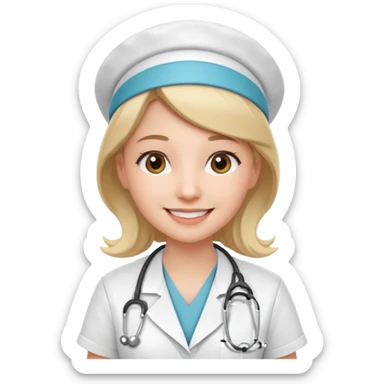 smiling nurse, simple style, white uniform, stethoscope sticker