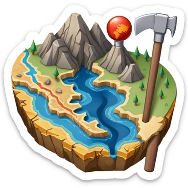 An icon featuring a pickaxe and a geological map, and layers of Earth’s crust, symbolizing geology. The design includes mineral samples, fossils, and tectonic plates, representing the study of Earth’s structure and natural processes. Transparent background highlights geological exploration sticker