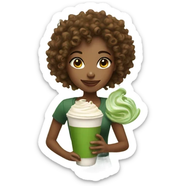 curly hair girl holding matcha latte  sticker