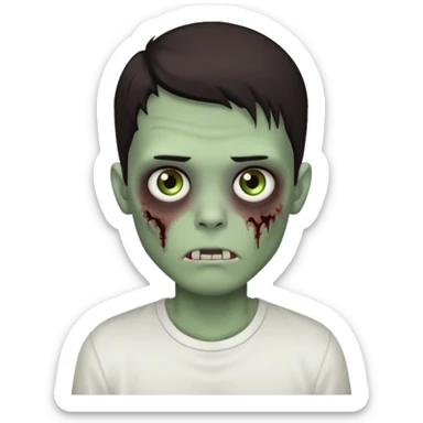 Um garoto zombie de cabelo castanho escuro, quase preto, com um cabelo médio, com olhos castanhos esverdeados, de camisa branca sticker