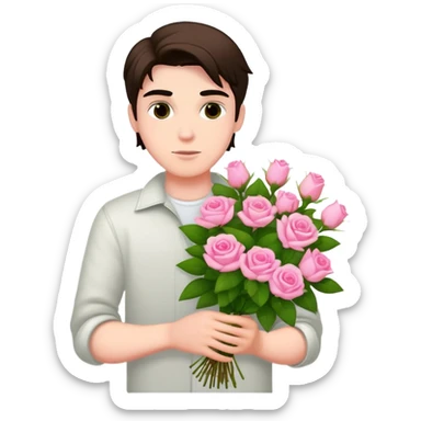 A cool bad boy with fair skin holding a bouquet of pink jasmine roses sticker