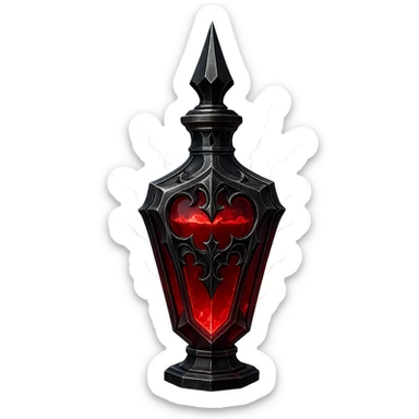 modernus prabangus eliksyro buteliukas, vampyriškas, gotikinis, tamsiai raudonas, juodi ir sidabriniai ornamentai, aštrūs briaunoti paviršiai, stiprūs magiški švytėjimai ir efektai, labai mažas kaklelis, skaidrus fonas, vientisas dugnas, be šešėlio, plūduriuoja ore, kolekcijos stilius sticker