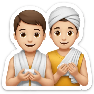 un niño pequeño y un hombre jugando al juego de tirar la soga, en vez de soga una toalla blanca sticker