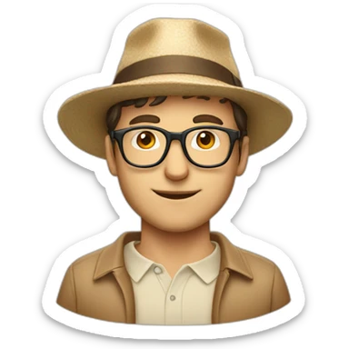 European guy with a beige hat, a red polo and glasses sticker