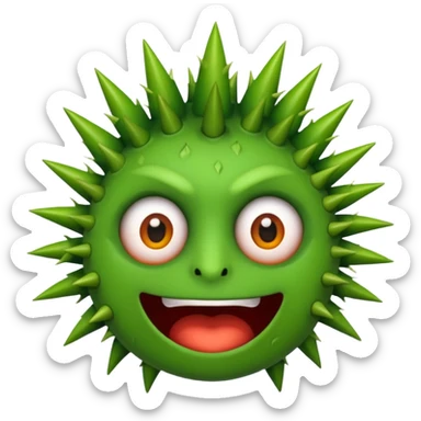 A green emojicon that has crazy eyes and green spikes at the top sticker
