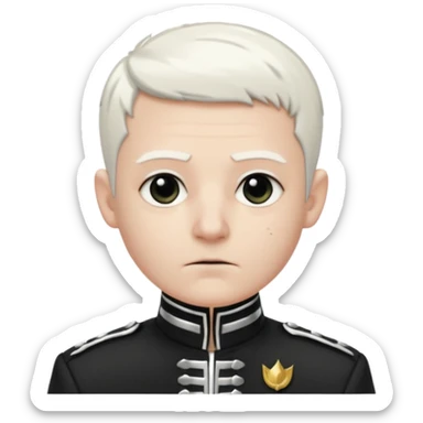 Head and shoulders emoji of a pale man with short white hair, wearing a black marching band jacket with silver trim. black eyeliner. Expression stoic, commanding, and theatrical, heroic emo style sticker