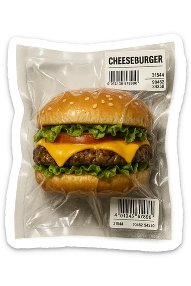 vacuum-sealed cheeseburger, tightly wrapped and glossy sticker