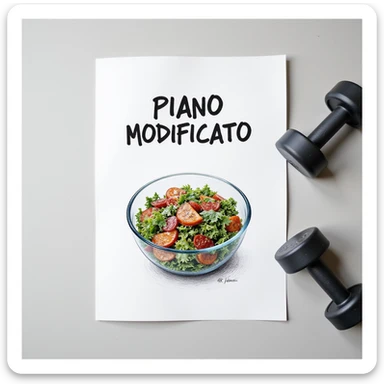 white sheet of paper with the text 'PIANO MODIFICATO', a hyperrealistic 4K drawing of a salad bowl and gym dumbbells, no background sticker
