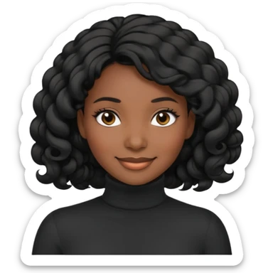 Create a custom emoji-style character inspired by a smiling black woman with curled black hair, dark skin tone, dark eyes, and wearing a turtleneck.  sticker