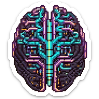 64x64 pixel art emoji of a futuristic AI brain with neon circuits, glowing nodes, and a digital shimmer sticker