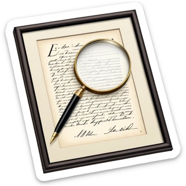 Icon for Autograph Collecting: a signed piece of paper or book page with a famous signature, surrounded by a pen, a magnifying glass, and a collection of framed autographs. Transparent background. sticker