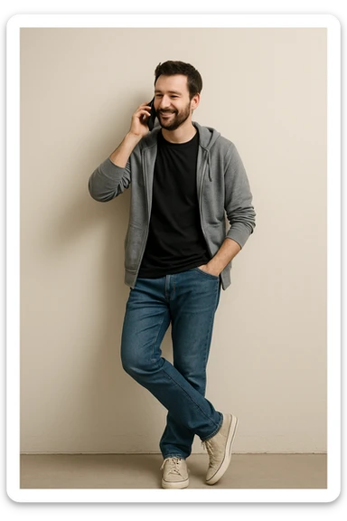 A man leaning against a wall, on the phone, tapping his foot, casual clothing, plain background. sticker