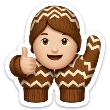 thumbs up fist in brown knit mitten with zig-zag beige pattern, no face sticker