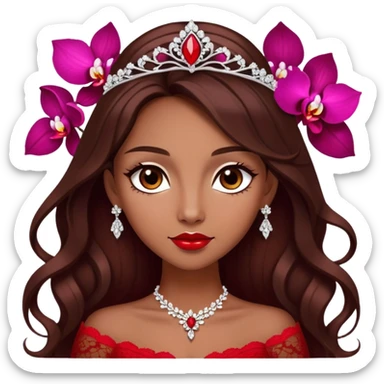 enchantress with brown eyes and tanned skin and long chocolate brown hair wearing a embellished scarlet red and white lace gown with orchid tiara sticker