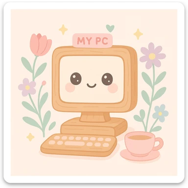 'My PC' icon in cottagecore style: old-fashioned wooden desktop computer surrounded by wildflowers, leaves, and a teacup, gentle sunlight, vintage pastoral vibe sticker