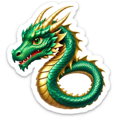 Cinematic Noble Dragon Portrait Emoji, Poised and majestic, with a sinuous, elongated body covered in intricately detailed, shimmering scales in hues of emerald and gold, and piercing, fiery eyes that reflect ancient wisdom; rendered with lifelike texture and natural highlights, high shine, intelligent and formidable, styled with an aura of mythic power, focused and attentive, soft glowing outline, capturing the essence of a legendary dragon that appears ready to soar out of the screen with timeless authority! sticker