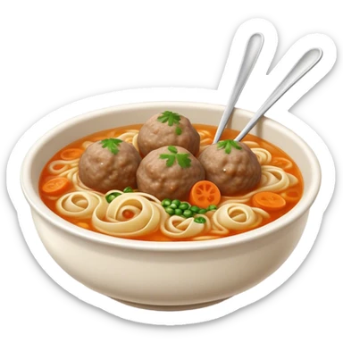 Cinematic Realistic Bakso Dish Emoji, showcasing savory meatball soup with noodles rendered with detailed textures and warm, inviting lighting. sticker