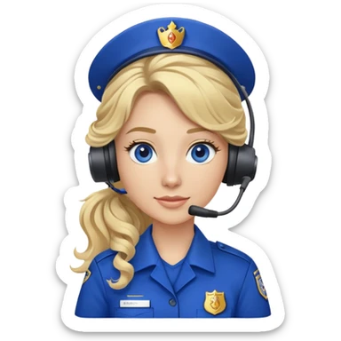 911 dispatcher wearing royal blue uniform with long blonde curly ponytail and blue/gray eyes sticker