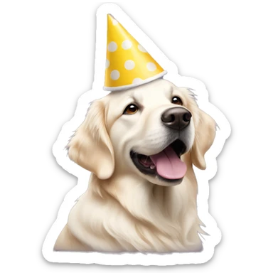 White golden retriever wearing polka dot party hat sticker