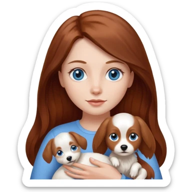 long hair chestnut color blue eyes woman holding small plain white dog sticker