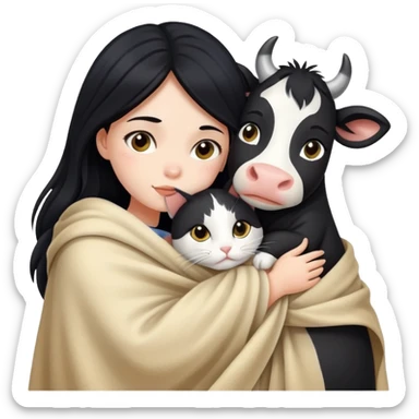 A girl with fair skin and long black hair wrapped in a blanket hugging a cow cat sticker
