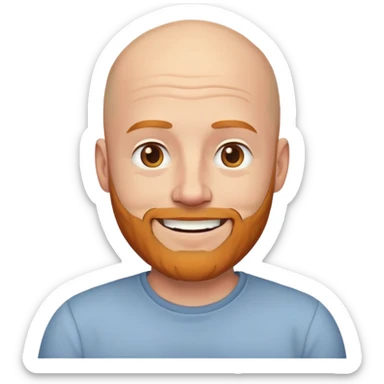 bald white male in his 40s with ginger and grey beard, wearing a plain shirt, emoji style, smiling sticker