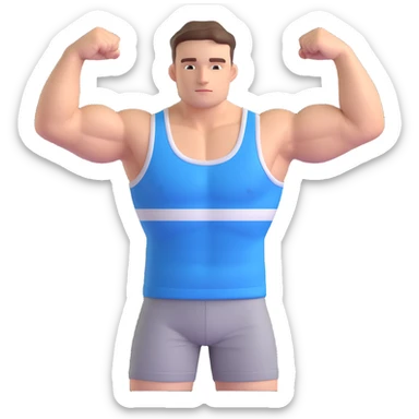 fit white man in a sleeveless shirt with blue and white horizontal stripes, flexing arms, minimal background sticker