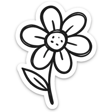 A hand-drawn, black outlined icon of a flower with no fill, simple and clean sticker