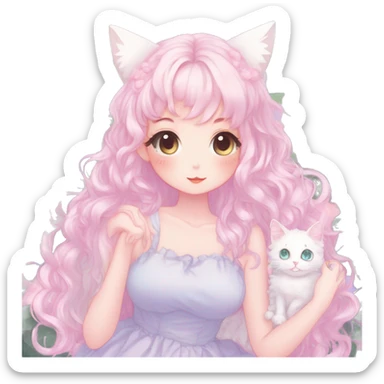 Gorgeous pastel anime style lady with blushing face and cat ears cottagecore fairycore pastelcore colorful pearly romantic simplistic aesthetic trending style full body sticker