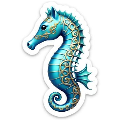 Cinematic Noble Sea Horse Portrait Emoji, Poised and elegant, with a delicate, upright body adorned with intricate, flowing patterns and a gracefully curled tail, with keen, expressive eyes, Simplified yet sharp and sophisticated features, highly detailed, glowing with a soft, aquatic luminescence, high shine, intelligent and refined, stylized with an air of ethereal marine grace, focused and poised, soft glowing outline, capturing the essence of a watchful and confident sea guardian that appears ready to drift out of the screen with effortless authority! sticker