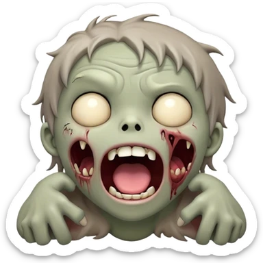 Cinematic Cute Yawning Zombie Portrait Emoji, with a delightfully quirky, slightly disheveled face in muted ashen tones, head tilted back in a big, funny yawn that reveals quirky stitches and playful gaps, simplified yet irresistibly charming, highly detailed with a soft, eerie glowing outline capturing the sleepy, offbeat vibe of a zombie taking a nap! sticker