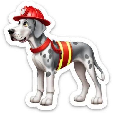 Merle grey Great Dane wearing a red fire fighter hat  sticker