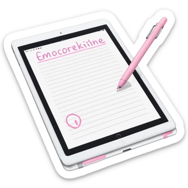 White iPad with pastel pink stylus on top of lecture notes, minimal setup sticker