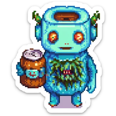 cartoon character strung out on Monster energy drink, wild eyes, jittery, holding a Monster can, pixel art style sticker