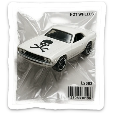 white 1971 Dodge Challenger Hot Wheels toy car, glossy and puffy, inspired by the movie 'Death Proof' sticker