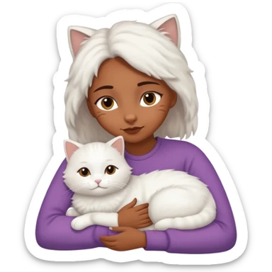 brown girl snuggling fluffy white cat, variation 2 sticker