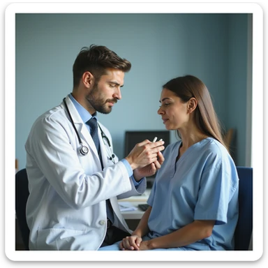 realistic illustration of a doctor in a white coat giving pills to a patient with a suffering expression, the doctor seems to ignore the cause of pain, medical office background, critical atmosphere sticker