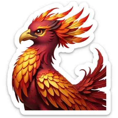 Cinematic Noble Battle-Hardened Mystical Fire Phoenix Portrait Emoji, with scorched, battle-scarred plumage in deep crimson, burnt gold, and smoldering ember hues. Its piercing eyes, hardened by countless conflicts, blaze with unyielding resolve and ancient wisdom. The elongated tail feathers bear vivid marks of fiery combat, rendered with lifelike texture and dynamic highlights, high shine, exuding an aura of mythic martial valor, focused and commanding, with a soft glowing outline that captures a phoenix forged in the fires of war. sticker