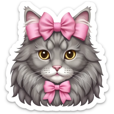 A grey Maine coon Wearing a pink Rococo style Bow ribbon sticker