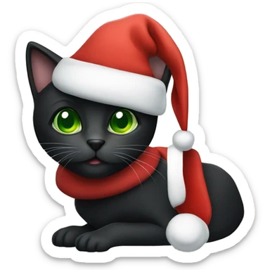 A black cat with green eyes wearing a Santa Claus hat sticker
