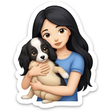 A woman with long black hair hugs a puppy tightly sticker