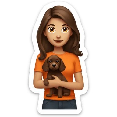 medium hair brunette girl holding dark orange puppy sticker