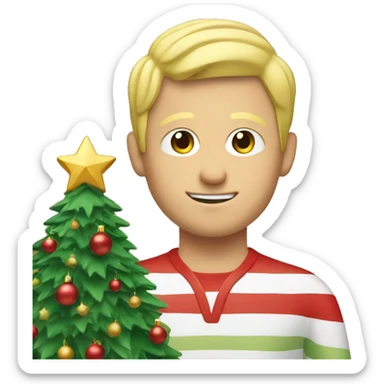 Blond man decorating a Christmas tree sticker