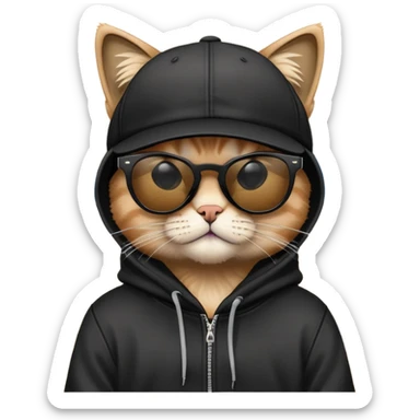 cat wearing a black snapback cap, black hoodie, and black sunglasses low on his nose that he is peering over, doing graffiti art with spray paint, street art style sticker