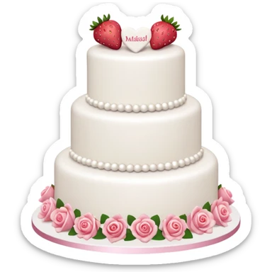 white wedding cake with strawberries, pink roses, Just Married topper sticker