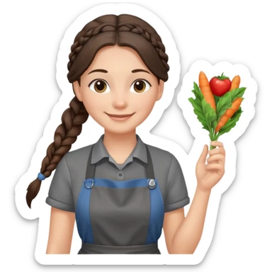 Брюнетка официантка с длинными волосами в косе улыбается ф сером фартуке и черной футболке sticker