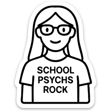Create an outlined icon of this person wearing a t-shirt with the words 'school psychs rock'. The style should be simple with black outlines, no fill, and clear readable text. sticker